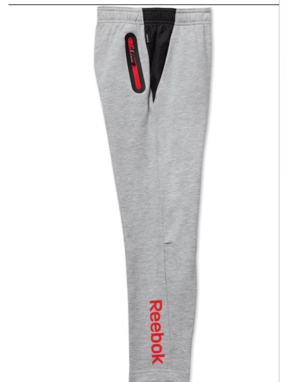 Reebok Boy’s Light Gray Joggers with Red and Black Accents.